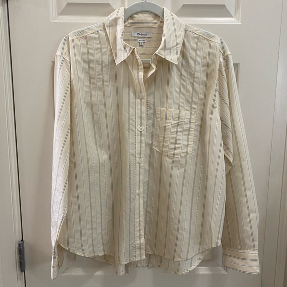 MADEWELL relaxed fit button down top in beige color with small stripes. Sz-Med - Picture 1 of 4